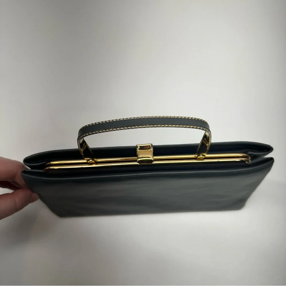 Vintage Ande Grey Faux Leather Gold Accent Evening Clutch Purse Retro Handle